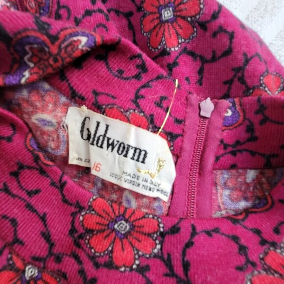 Goldworm Italy 1970's Vintage Kaleidoscope Floral Magenta Merino Wool Dress 16 - Picture 4 of 8